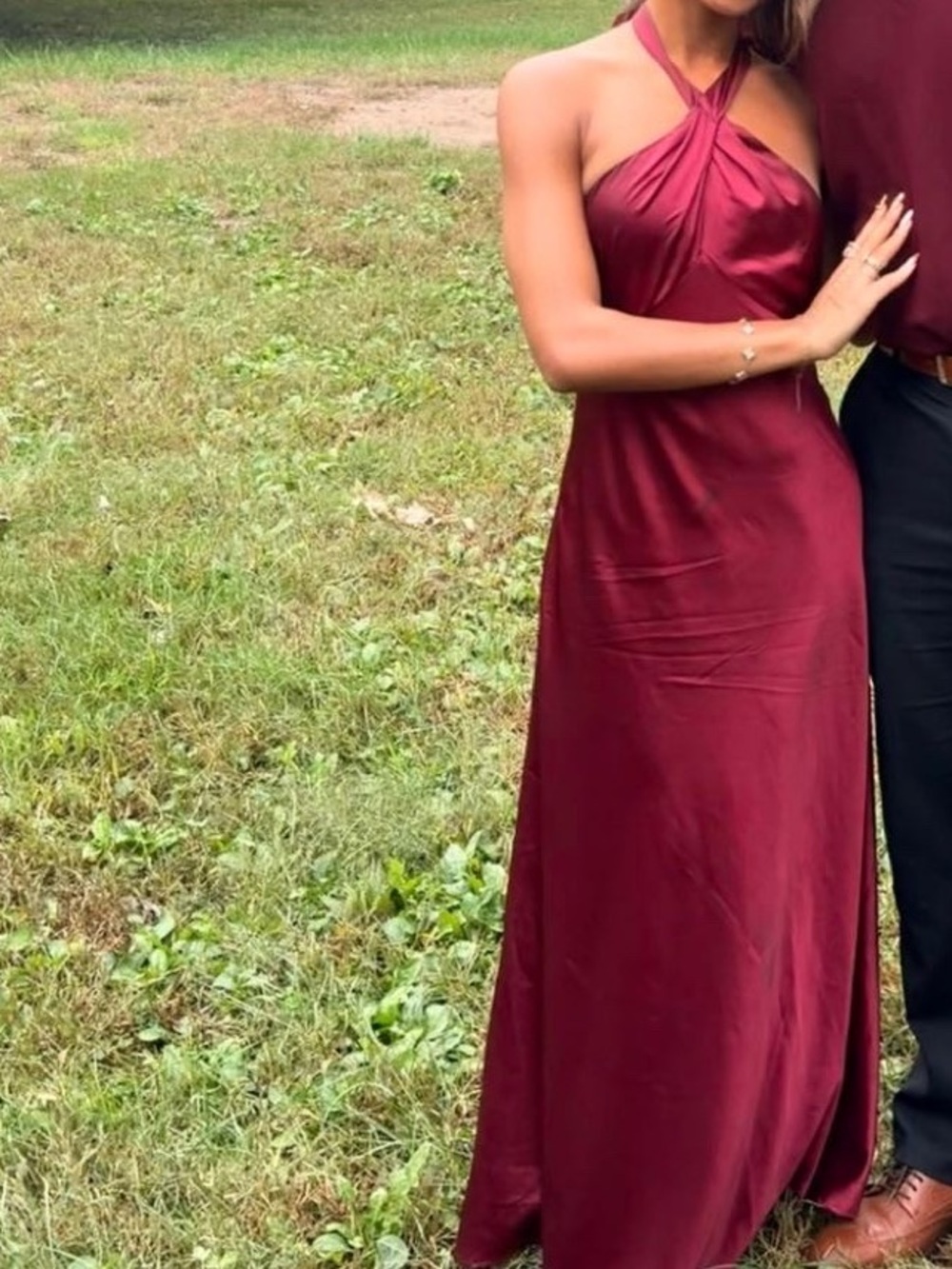 Cider Burgundy Satin Halter Maxi Dress